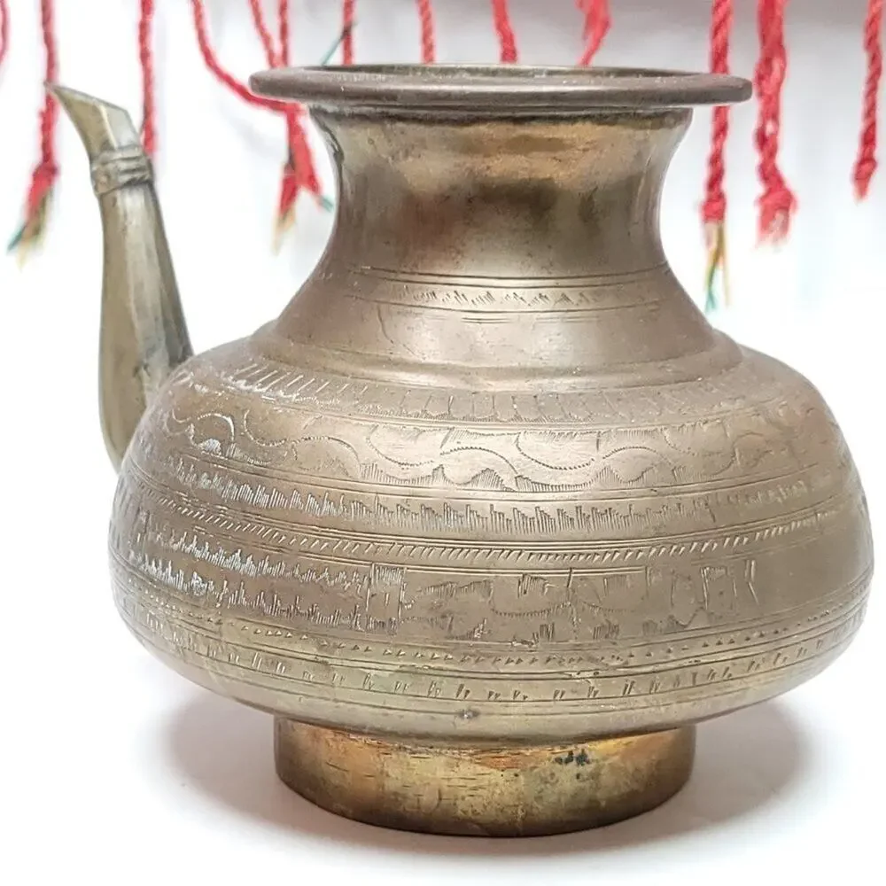 VINTAGE Copper Handmade Tea Pot Carved Design And Spout Kettle